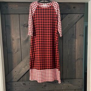 Red Plaid Raglan Midi Dress with Houndstooth Trim